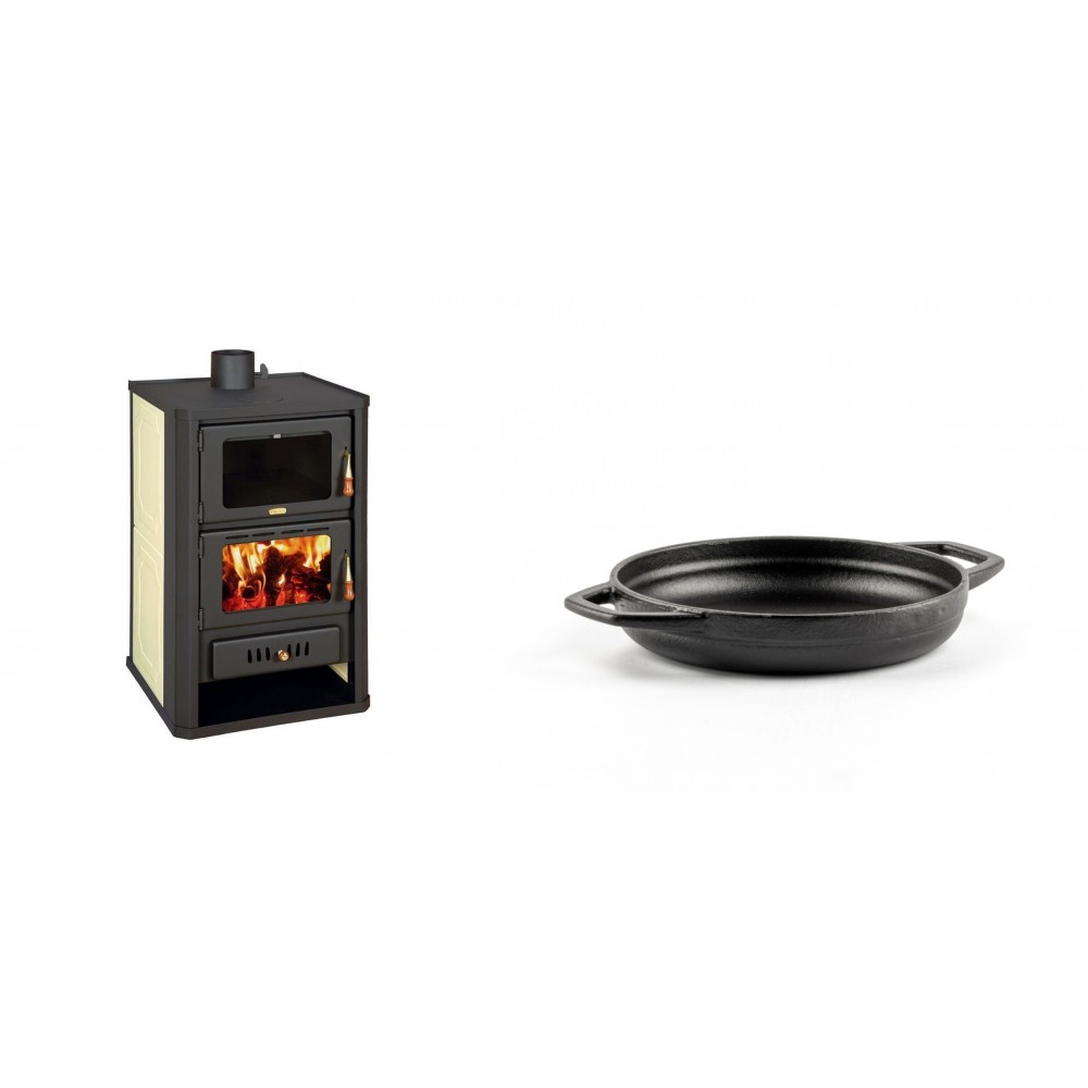 Set Kaminofen, Holzofen Wasserführend mit Backfach Prity, Modell FG W15, Leistung 19.8kW + Emaillierte gusseisenpfanne mit zwei Griffen Solagio, Black Onyx, Ф16cm