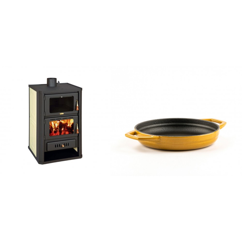 Set Kaminofen, Holzofen Wasserführend mit Backfach Prity, Modell FG W15, Leistung 19.8kW + Emaillierte gusseisenpfanne mit zwei Griffen Solagio, Dijon, Ф16cm
