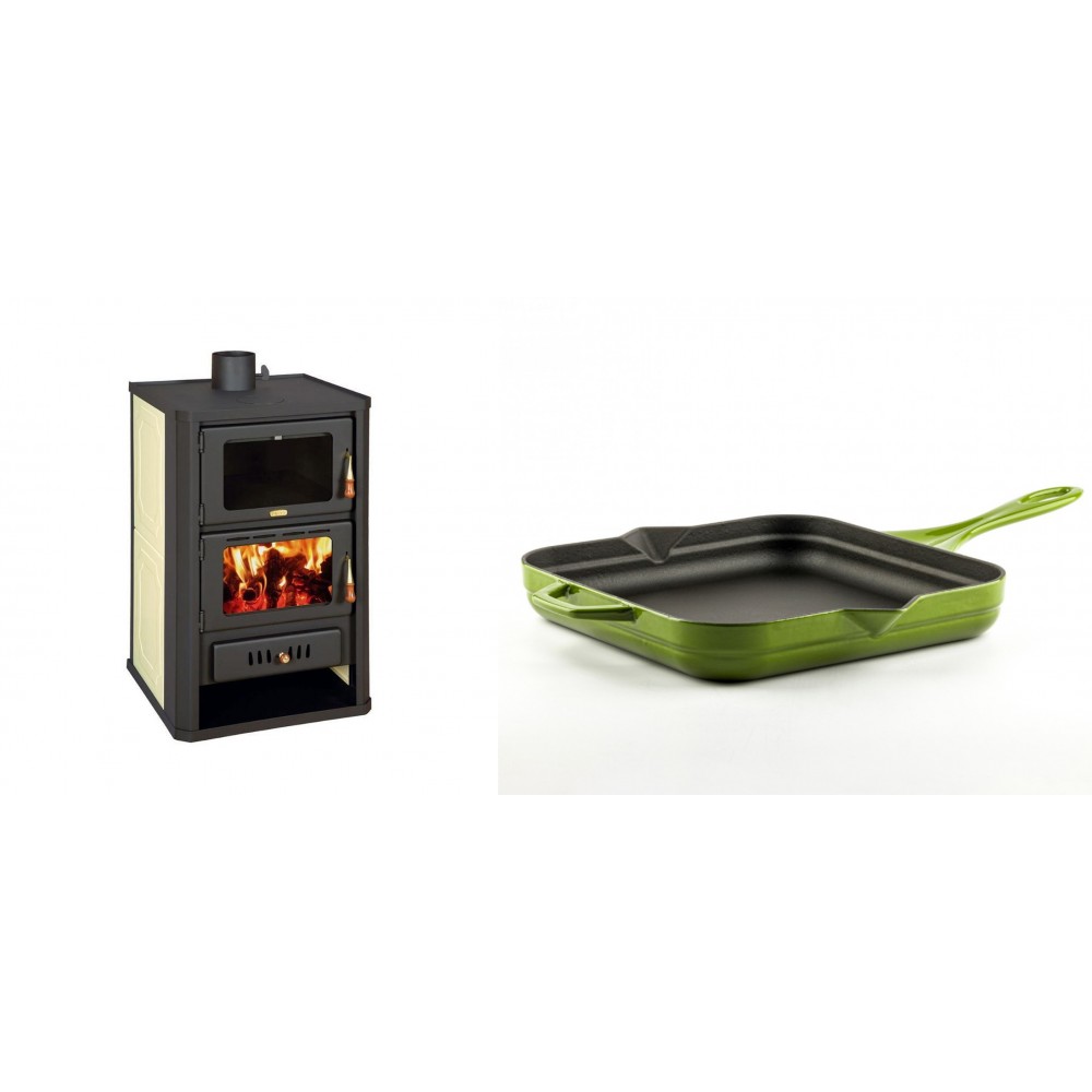 Set Kaminofen, Holzofen Wasserführend mit Backfach Prity, Modell FG W15, Leistung 19.8kW + Emaillierte Gusseisenpfanne Solagio, Bamboo, 28x28cm