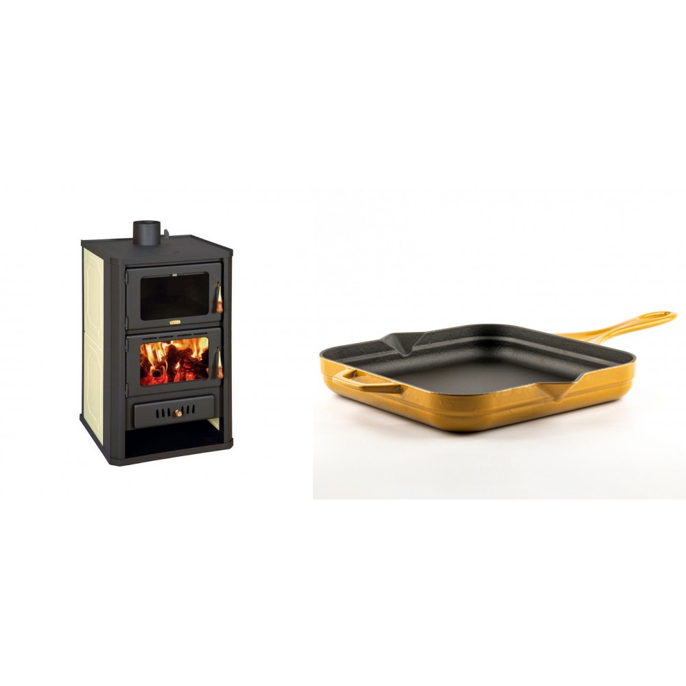 Set Kaminofen, Holzofen Wasserführend mit Backfach Prity, Modell FG W15, Leistung 19.8kW + Emaillierte Gusseisenpfanne Solagio, Dijon, 28x28cm