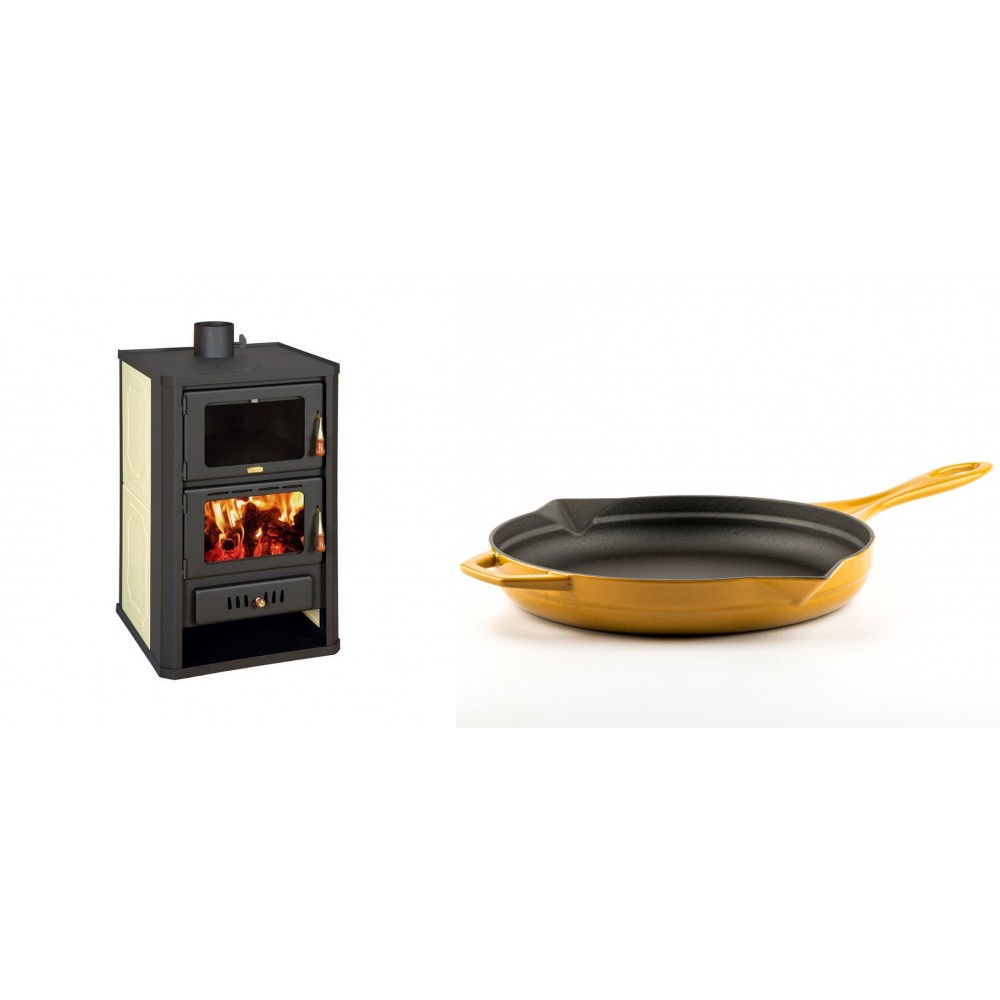 Set Kaminofen, Holzofen Wasserführend mit Backfach Prity, Modell FG W15, Leistung 19.8kW + Emaillierte Gusseisenpfanne Solagio, Dijon, Ф28cm