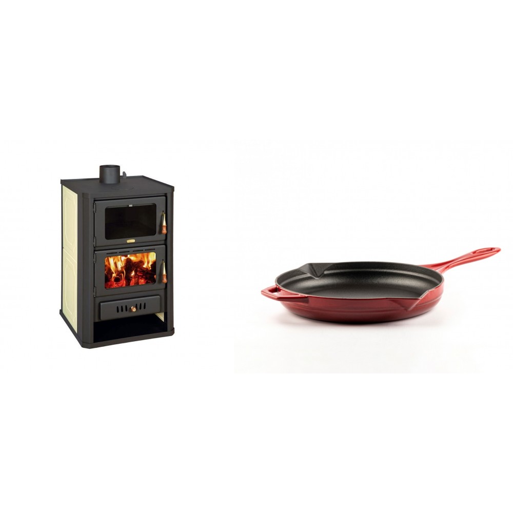 Set Kaminofen, Holzofen Wasserführend mit Backfach Prity, Modell FG W15, Leistung 19.8kW + Emaillierte Gusseisenpfanne Solagio, Rubin, Ф24cm