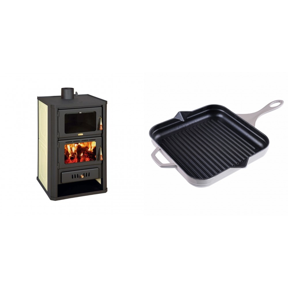 Set Kaminofen, Holzofen Wasserführend mit Backfach Prity, Modell FG W15, Leistung 19.8kW + Emaillierte grillpfanne Gusseisen Solagio, Ivory, 28x28cm