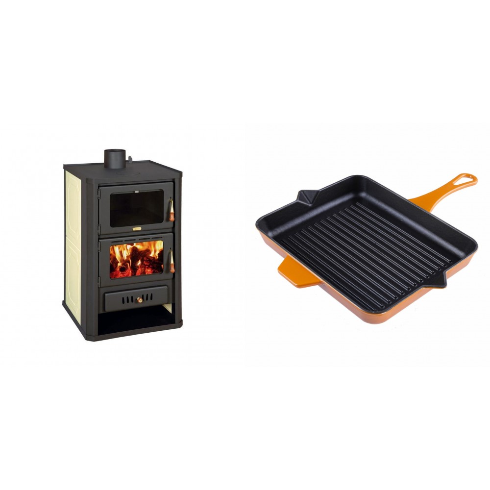 Set Kaminofen, Holzofen Wasserführend mit Backfach Prity, Modell FG W15, Leistung 19.8kW + Emaillierte grillpfanne Gusseisen Solagio, Dijon, 26x32cm | Wasserführender Kaminofen | Kaminofen |