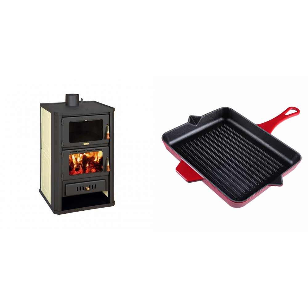 Set Kaminofen, Holzofen Wasserführend mit Backfach Prity, Modell FG W15, Leistung 19.8kW + Emaillierte grillpfanne Gusseisen Solagio, Rubin, 26x32cm