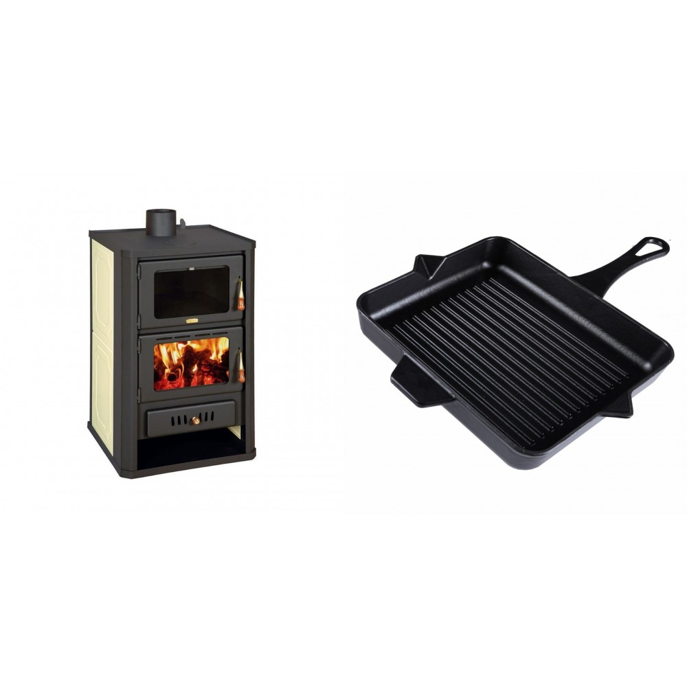 Set Kaminofen, Holzofen Wasserführend mit Backfach Prity, Modell FG W15, Leistung 19.8kW + Emaillierte grillpfanne Gusseisen Solagio, Black Onyx, 26x32cm | Wasserführender Kaminofen | Kaminofen |