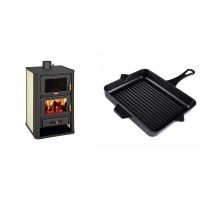 Set Kaminofen, Holzofen Wasserführend mit Backfach Prity, Modell FG W15, Leistung 19.8kW + Emaillierte grillpfanne Gusseisen Solagio, Black Onyx, 26x32cm - Produktvergleich