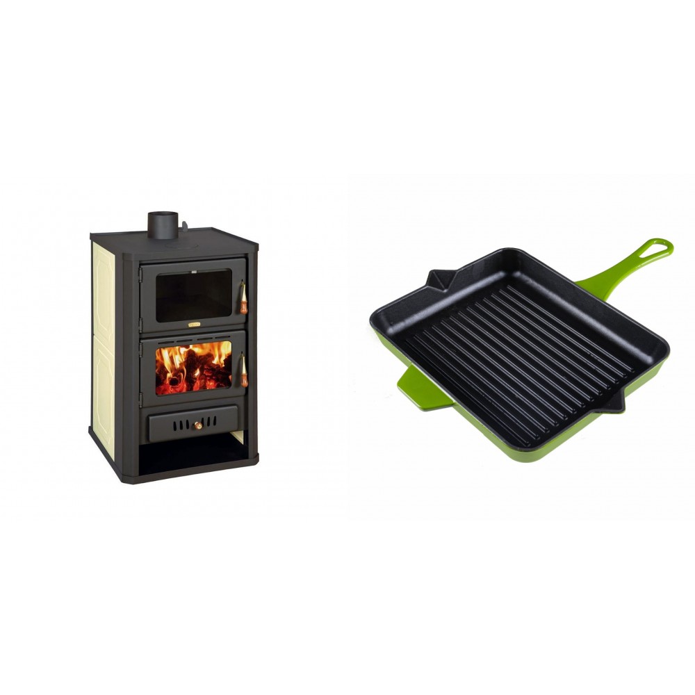 Set Kaminofen, Holzofen Wasserführend mit Backfach Prity, Modell FG W15, Leistung 19.8kW + Emaillierte grillpfanne Gusseisen Solagio, Bamboo, 26x32cm | Wasserführender Kaminofen | Kaminofen |