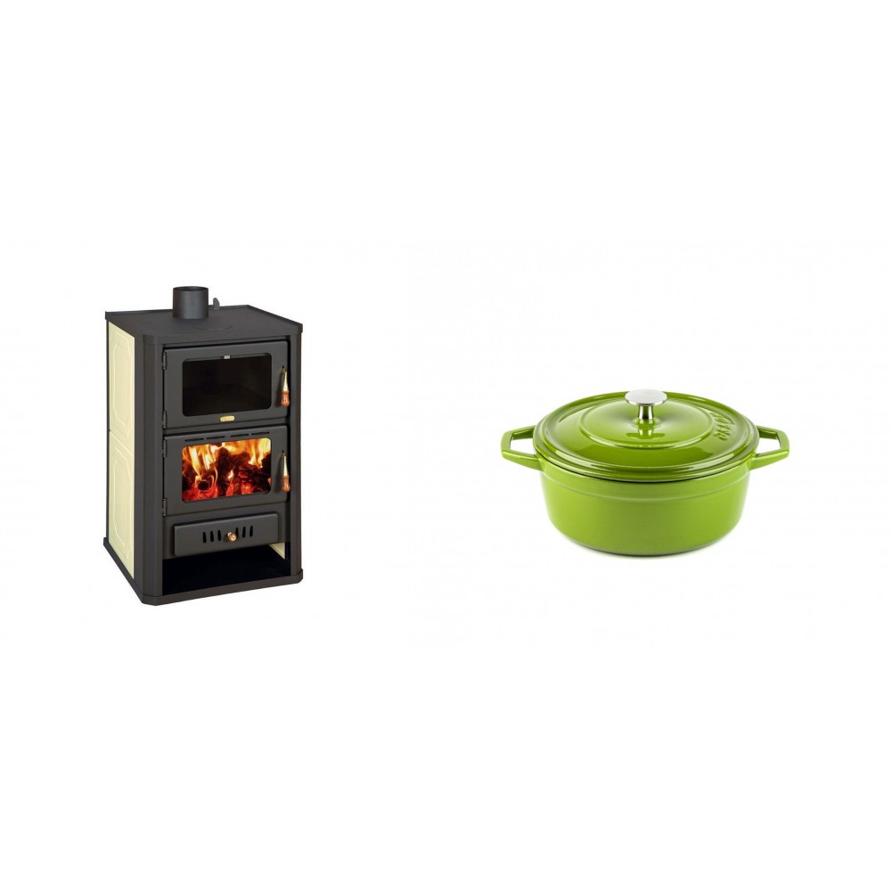 Set Kaminofen, Holzofen Wasserführend mit Backfach Prity, Modell FG W15, Leistung 19.8kW + Gusseisen Topf Tiefer Solagio, Bamboo, Ф12