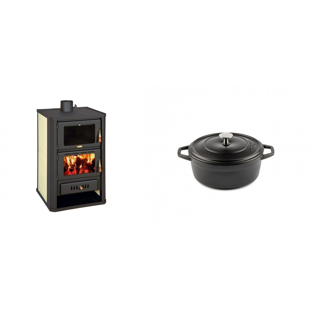Set Kaminofen, Holzofen Wasserführend mit Backfach Prity, Modell FG W15, Leistung 19.8kW + Gusseisen Topf Tiefer Solagio, Black Onyx, Ф12 | Wasserführender Kaminofen | Kaminofen |