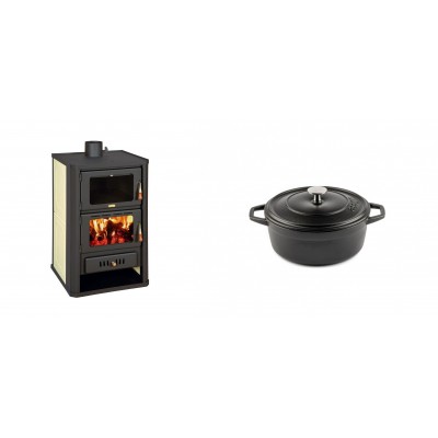 Set Kaminofen, Holzofen Wasserführend mit Backfach Prity, Modell FG W15, Leistung 19.8kW + Gusseisen Topf Tiefer Solagio, Black Onyx, Ф12 - Kaminofen - Holzofen mit Backfach