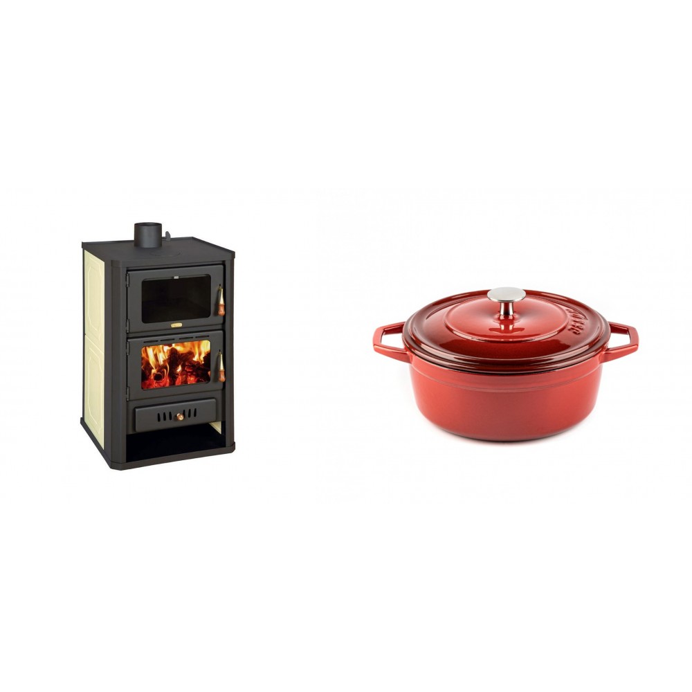 Set Kaminofen, Holzofen Wasserführend mit Backfach Prity, Modell FG W15, Leistung 19.8kW + Gusseisen Topf Tiefer Solagio, Rubin, Ф20