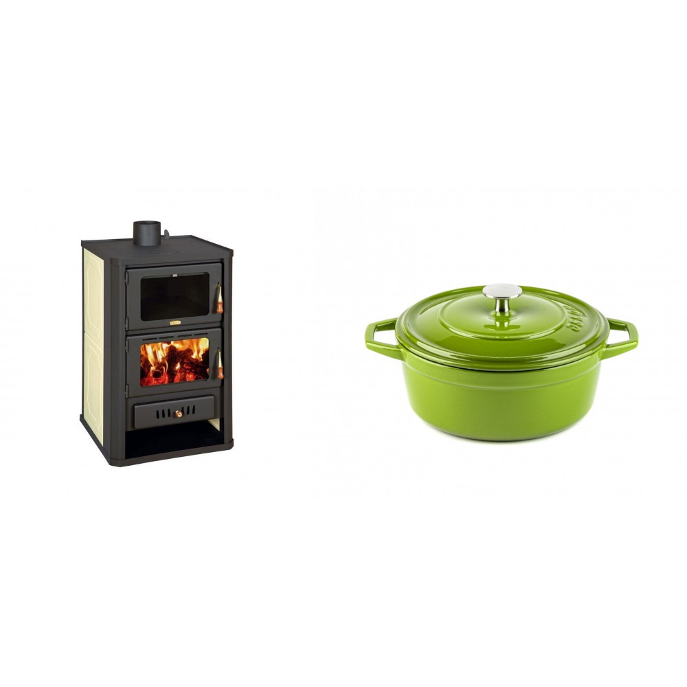 Set Kaminofen, Holzofen Wasserführend mit Backfach Prity, Modell FG W15, Leistung 19.8kW + Gusseisen Topf Tiefer Solagio, Bamboo, Ф20 | Wasserführender Kaminofen | Kaminofen |