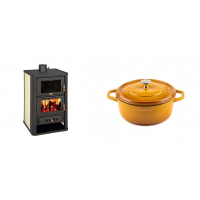 Set Kaminofen, Holzofen Wasserführend mit Backfach Prity, Modell FG W15, Leistung 19.8kW + Gusseisen Topf Tiefer Solagio, Dijon, Ф20 - Kaminofen - Holzofen mit Backfach