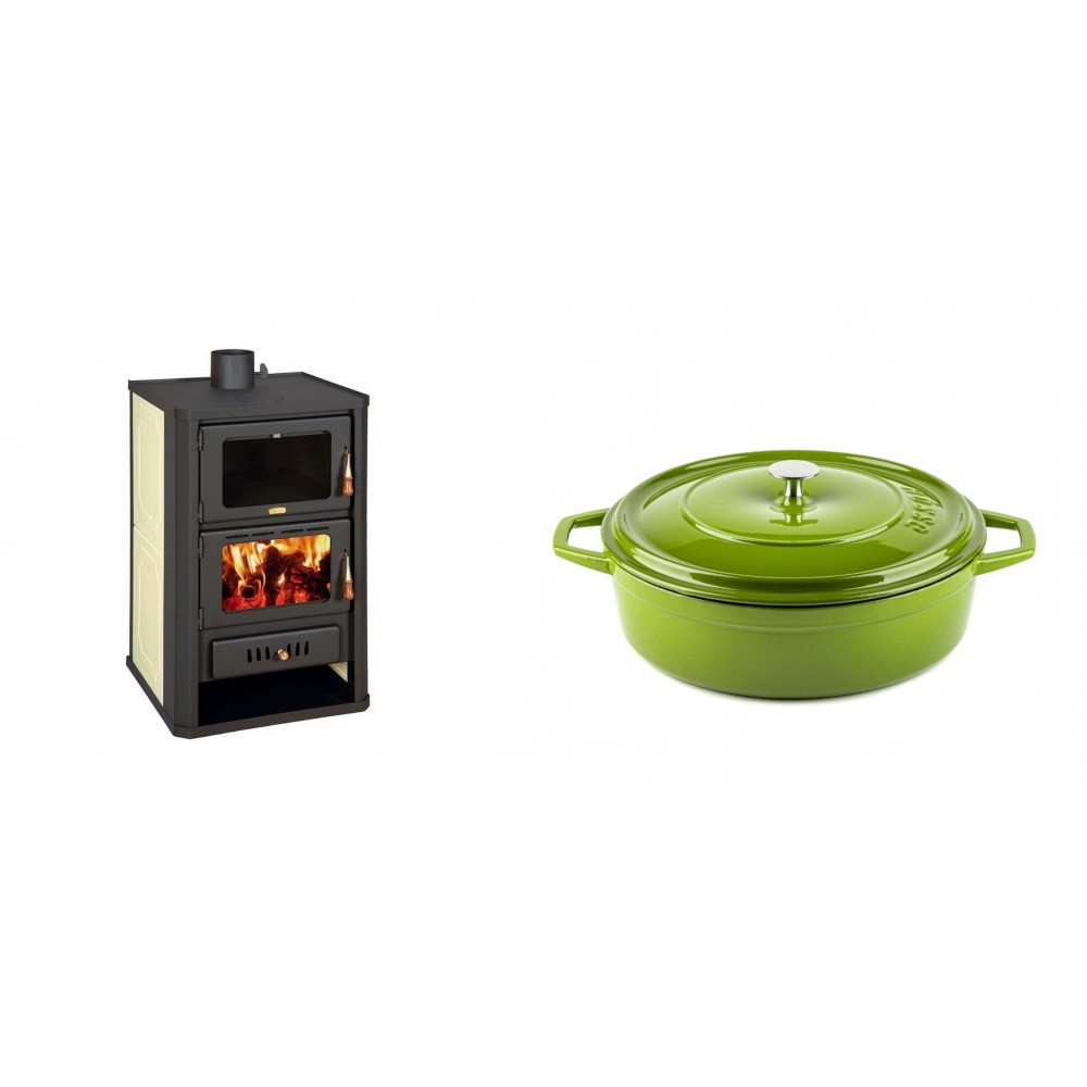 Set Kaminofen, Holzofen Wasserführend mit Backfach Prity, Modell FG W15, Leistung 19.8kW + Gusseisen Topf Flach Solagio, Bamboo, Ф26 | Wasserführender Kaminofen | Kaminofen |