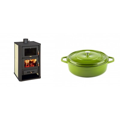 Set Kaminofen, Holzofen Wasserführend mit Backfach Prity, Modell FG W15, Leistung 19.8kW + Gusseisen Topf Flach Solagio, Bamboo, Ф26 - Produktvergleich