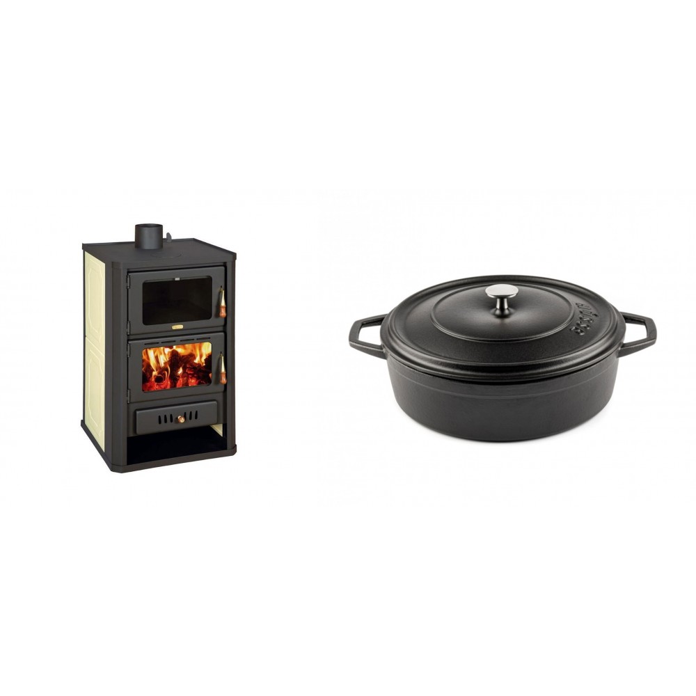 Set Kaminofen, Holzofen Wasserführend mit Backfach Prity, Modell FG W15, Leistung 19.8kW + Gusseisen Topf Flach Solagio, Black Onyx, Ф26 | Wasserführender Kaminofen | Kaminofen |