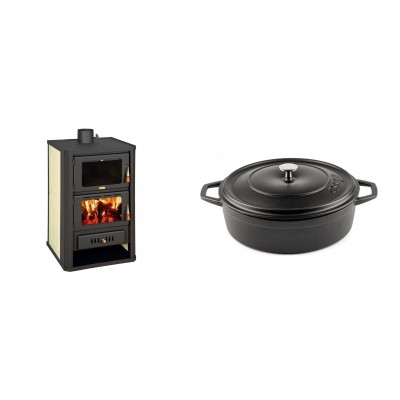 Set Kaminofen, Holzofen Wasserführend mit Backfach Prity, Modell FG W15, Leistung 19.8kW + Gusseisen Topf Flach Solagio, Black Onyx, Ф26 - Kaminofen - Holzofen mit Backfach