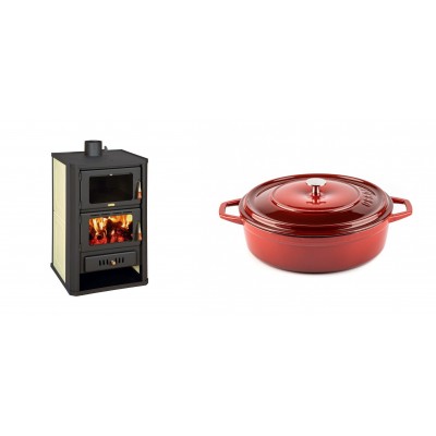Set Kaminofen, Holzofen Wasserführend mit Backfach Prity, Modell FG W15, Leistung 19.8kW + Gusseisen Topf Flach Solagio, Rubin, Ф26 - Kaminofen - Holzofen mit Backfach