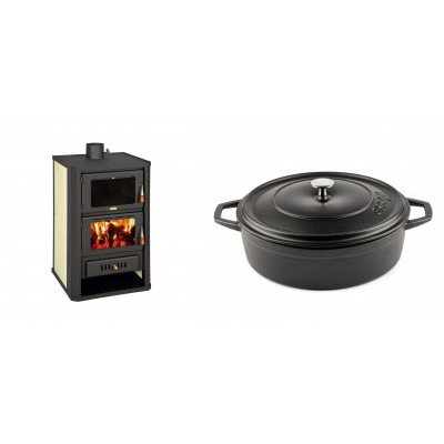 Set Kaminofen, Holzofen Wasserführend mit Backfach Prity, Modell FG W15, Leistung 19.8kW + Gusseisen Topf Flach Solagio, Black Onyx, Ф28 - Kaminofen - Holzofen mit Backfach