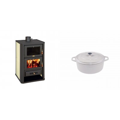 Set Kaminofen, Holzofen Wasserführend mit Backfach Prity, Modell FG W15, Leistung 19.8kW + Gusseisen Topf Tiefer Solagio, Ivory, Ф12 - Kaminofen - Holzofen mit Backfach