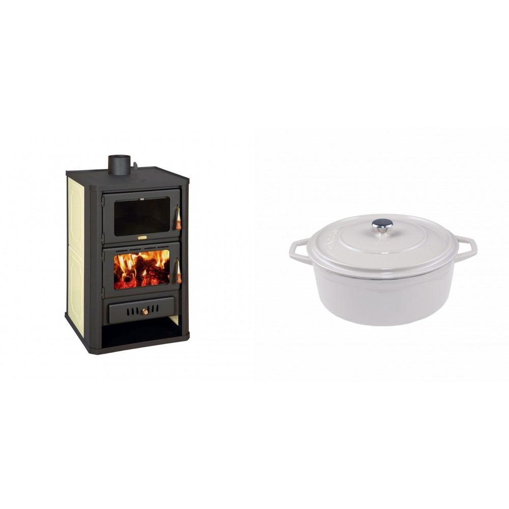 Set Kaminofen, Holzofen Wasserführend mit Backfach Prity, Modell FG W15, Leistung 19.8kW + Gusseisen Topf Tiefer Solagio, Ivory, Ф20