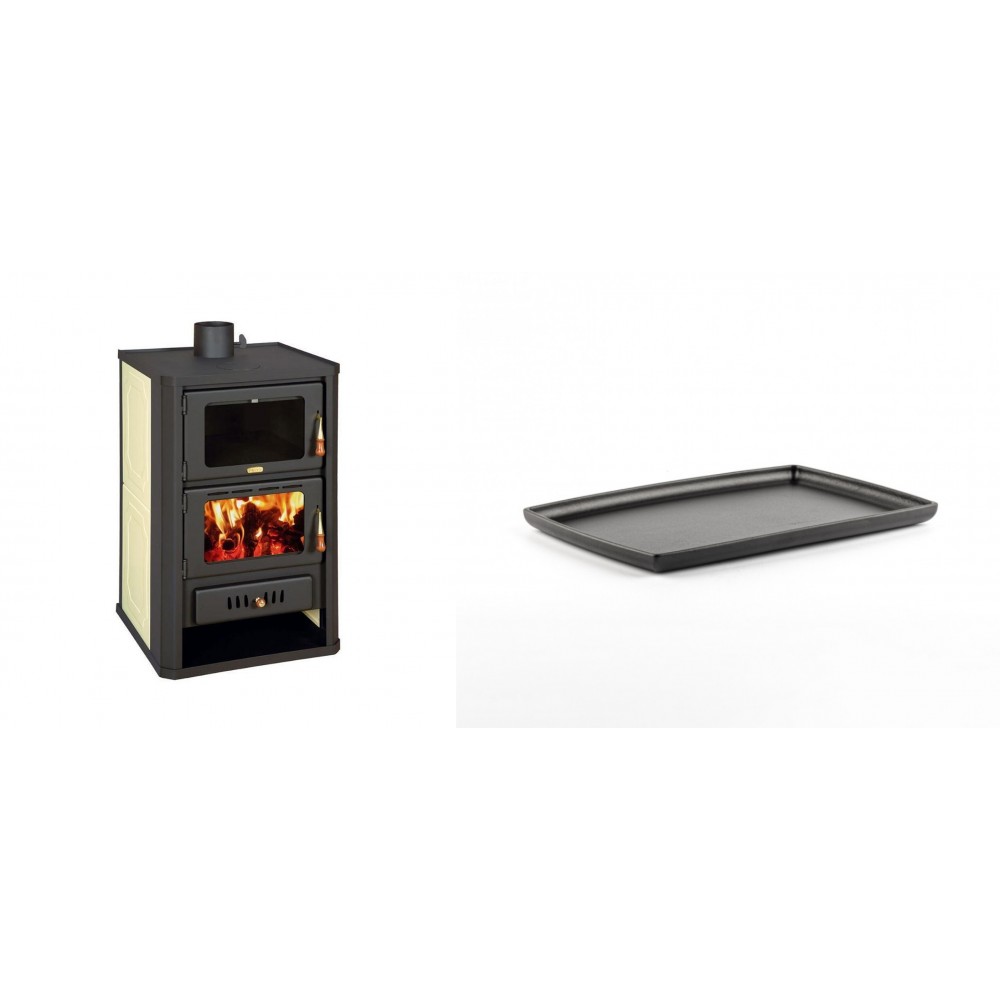 Set Kaminofen, Holzofen Wasserführend mit Backfach Prity, Modell FG W15, Leistung 19.8kW + Rechteckige Servierplatte aus Gusseisen Solagio, 21x31cm