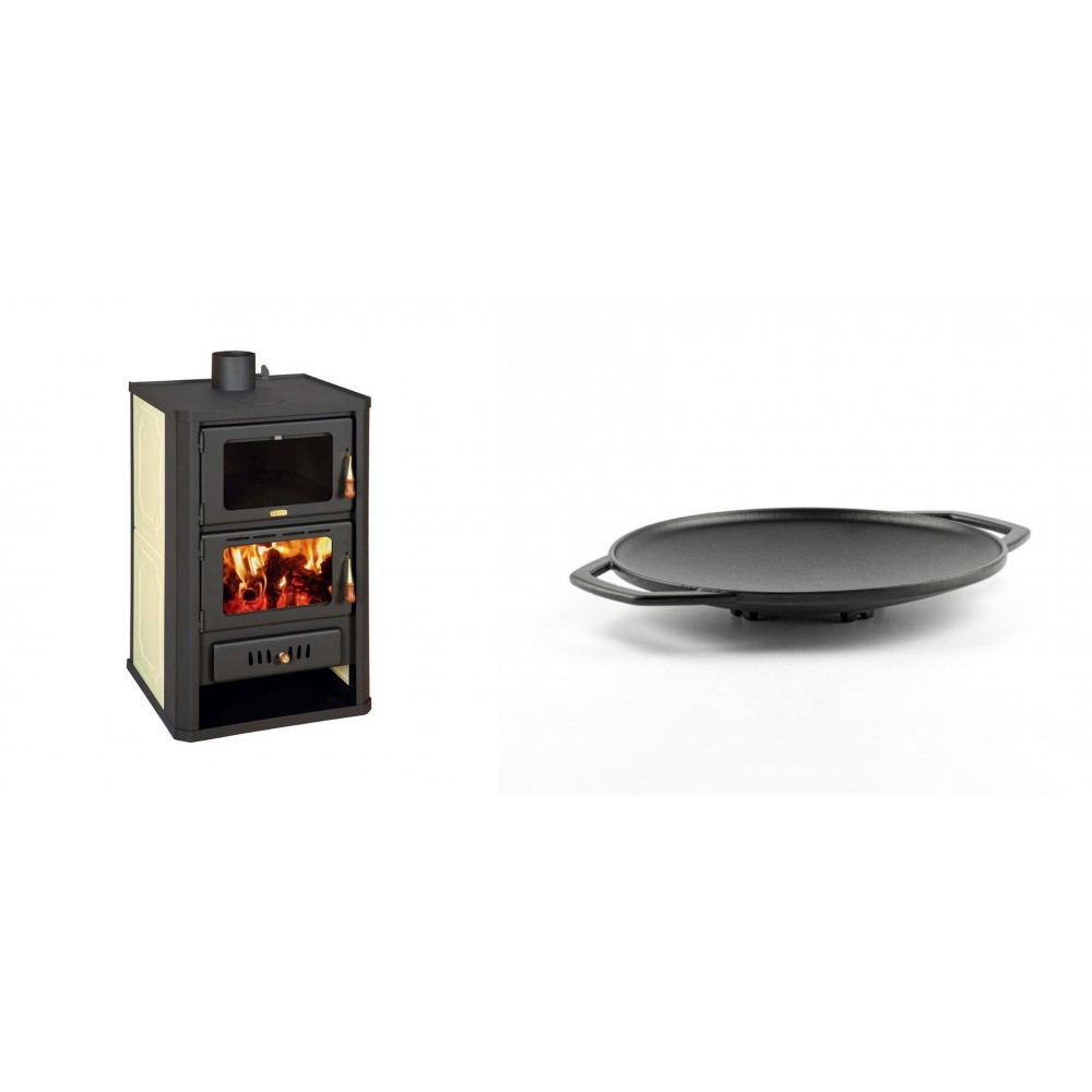 Set Kaminofen, Holzofen Wasserführend mit Backfach Prity, Modell FG W15, Leistung 19.8kW + Backplatte aus Gusseisen Solagio, Ф28cm | Wasserführender Kaminofen | Kaminofen |