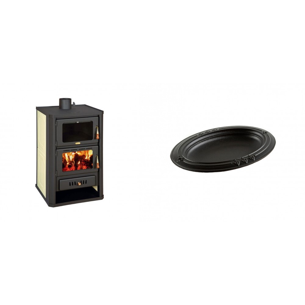 Set Kaminofen, Holzofen Wasserführend mit Backfach Prity, Modell FG W15, Leistung 19.8kW + Gusseiserne auflaufform Solagio oval, 25x33cm