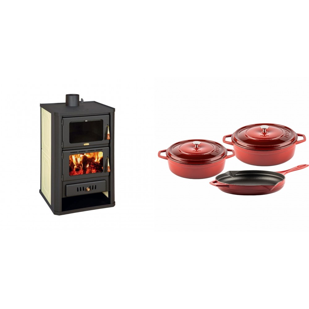 Set Kaminofen, Holzofen Wasserführend mit Backfach Prity, Modell FG W15, Leistung 19.8kW + Gusseisen Topf Set aus 3 teilen Solagio, Rubin