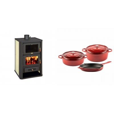 Set Kaminofen, Holzofen Wasserführend mit Backfach Prity, Modell FG W15, Leistung 19.8kW + Gusseisen Topf Set aus 3 teilen Solagio, Rubin - Kaminofen - Holzofen mit Backfach