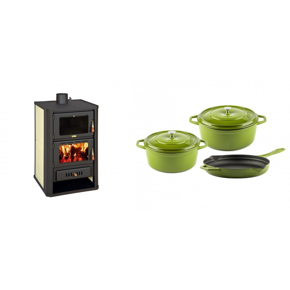 Set Kaminofen, Holzofen Wasserführend mit Backfach Prity, Modell FG W15, Leistung 19.8kW + Gusseisen Topf Set aus 3 teilen Solagio, Bamboo | Wasserführender Kaminofen | Kaminofen |