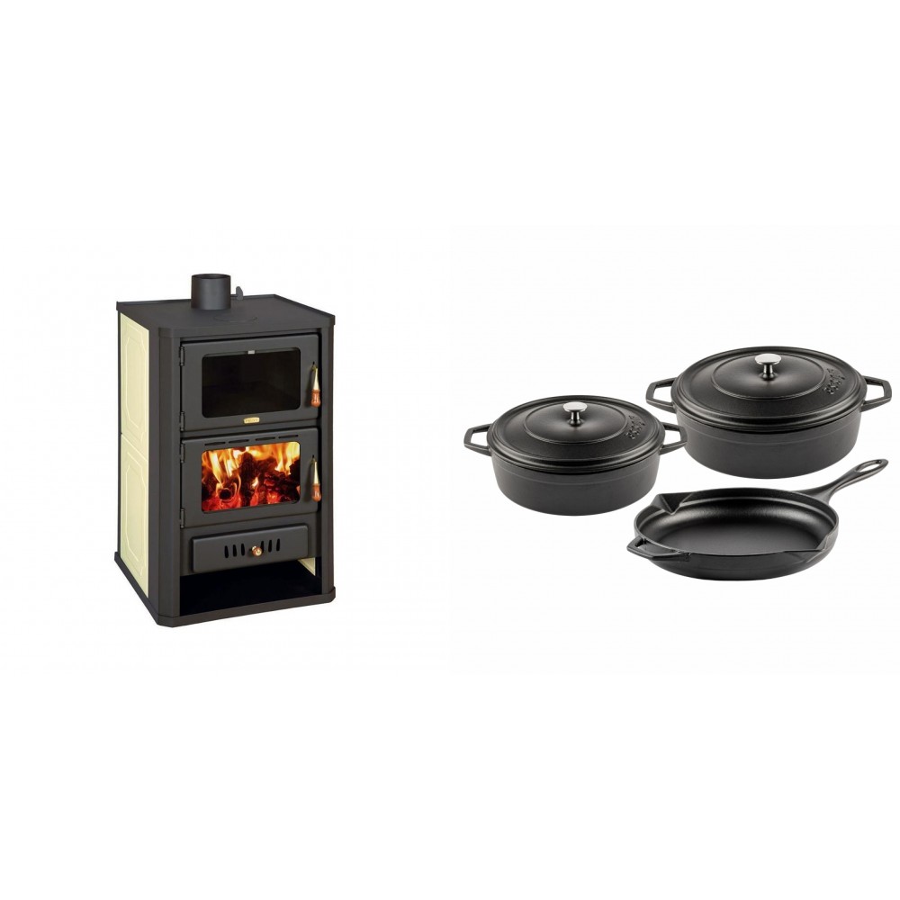 Set Kaminofen, Holzofen Wasserführend mit Backfach Prity, Modell FG W15, Leistung 19.8kW + Gusseisen Topf Set aus 3 teilen Solagio, Black Onyx
