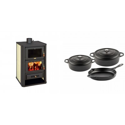 Set Kaminofen, Holzofen Wasserführend mit Backfach Prity, Modell FG W15, Leistung 19.8kW + Gusseisen Topf Set aus 3 teilen Solagio, Black Onyx - Kaminofen - Holzofen mit Backfach