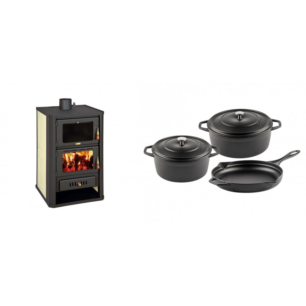 Set Kaminofen, Holzofen Wasserführend mit Backfach Prity, Modell FG W15, Leistung 19.8kW + Gusseisen Topf Set aus 3 teilen Solagio, Black Onyx | Wasserführender Kaminofen | Kaminofen |