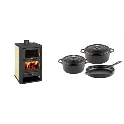 Set Kaminofen, Holzofen Wasserführend mit Backfach Prity, Modell FG W15, Leistung 19.8kW + Gusseisen Topf Set aus 3 teilen Solagio, Black Onyx - Kaminofen - Holzofen mit Backfach