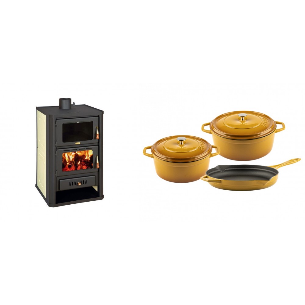 Set Kaminofen, Holzofen Wasserführend mit Backfach Prity, Modell FG W15, Leistung 19.8kW + Gusseisen Topf Set aus 3 teilen Solagio, Dijon