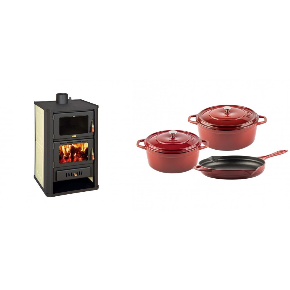 Set Kaminofen, Holzofen Wasserführend mit Backfach Prity, Modell FG W15, Leistung 19.8kW + Gusseisen Topf Set aus 3 teilen Solagio, Rubin | Wasserführender Kaminofen | Kaminofen |