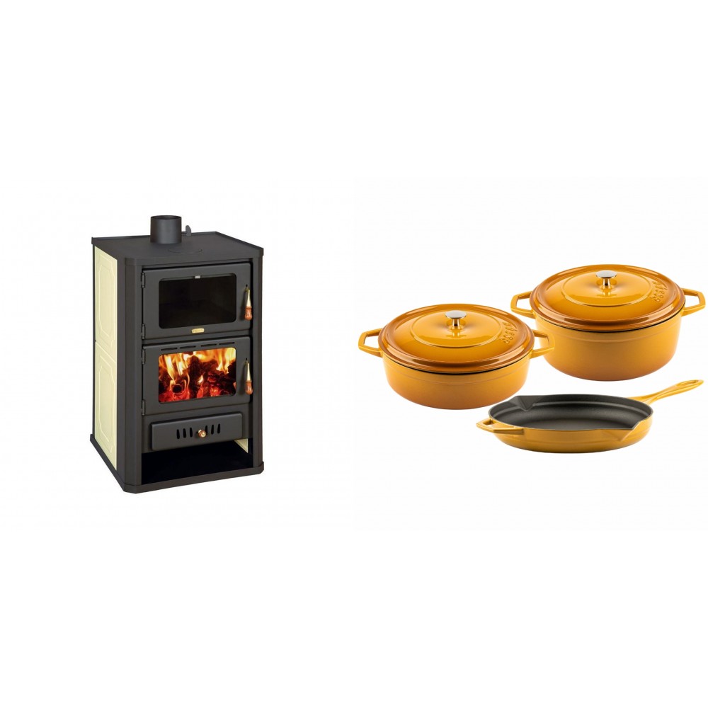 Set Kaminofen, Holzofen Wasserführend mit Backfach Prity, Modell FG W15, Leistung 19.8kW + Gusseisen Topf Set aus 3 teilen Solagio, Dijon