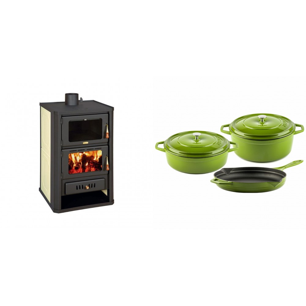 Set Kaminofen, Holzofen Wasserführend mit Backfach Prity, Modell FG W15, Leistung 19.8kW + Gusseisen Topf Set aus 3 teilen Solagio, Bamboo