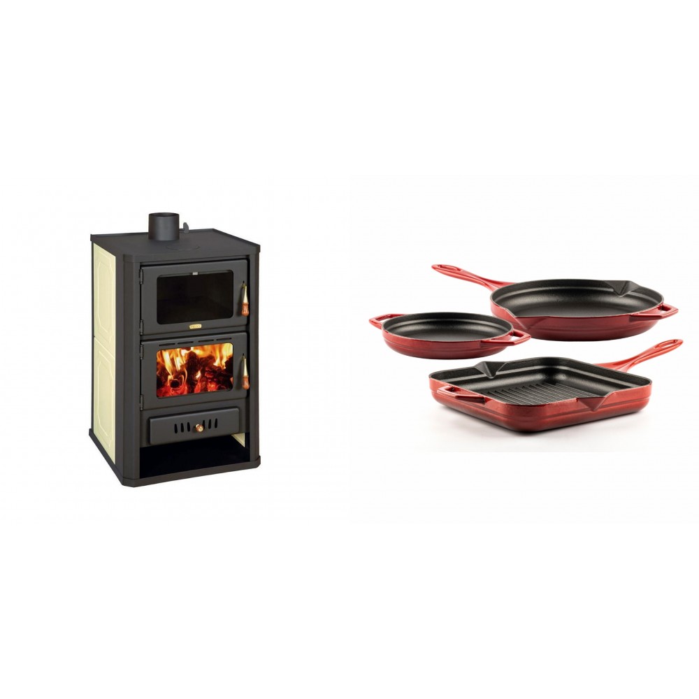 Set Kaminofen, Holzofen Wasserführend mit Backfach Prity, Modell FG W15, Leistung 19.8kW + Gusseisen Topf Set aus 3 teilen Solagio, Rubin