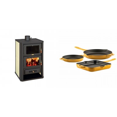 Set Kaminofen, Holzofen Wasserführend mit Backfach Prity, Modell FG W15, Leistung 19.8kW + Gusseisen Topf Set aus 3 teilen Solagio, Dijon - Kaminofen - Holzofen mit Backfach