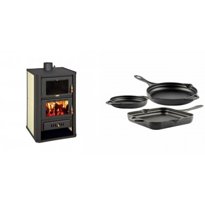 Set Kaminofen, Holzofen Wasserführend mit Backfach Prity, Modell FG W15, Leistung 19.8kW + Gusseisen Topf Set aus 3 teilen Solagio, Black Onyx - Kaminofen - Holzofen mit Backfach