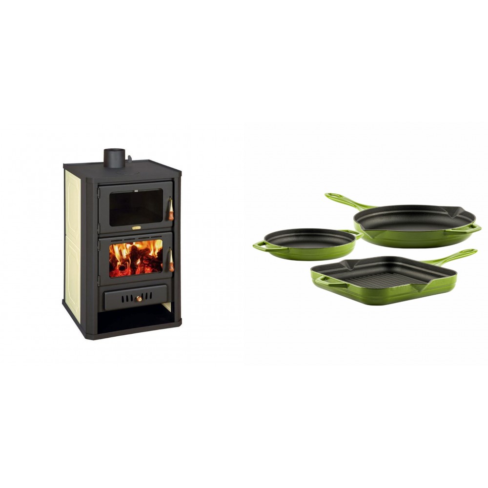 Set Kaminofen, Holzofen Wasserführend mit Backfach Prity, Modell FG W15, Leistung 19.8kW + Gusseisen Topf Set aus 3 teilen Solagio, Bamboo