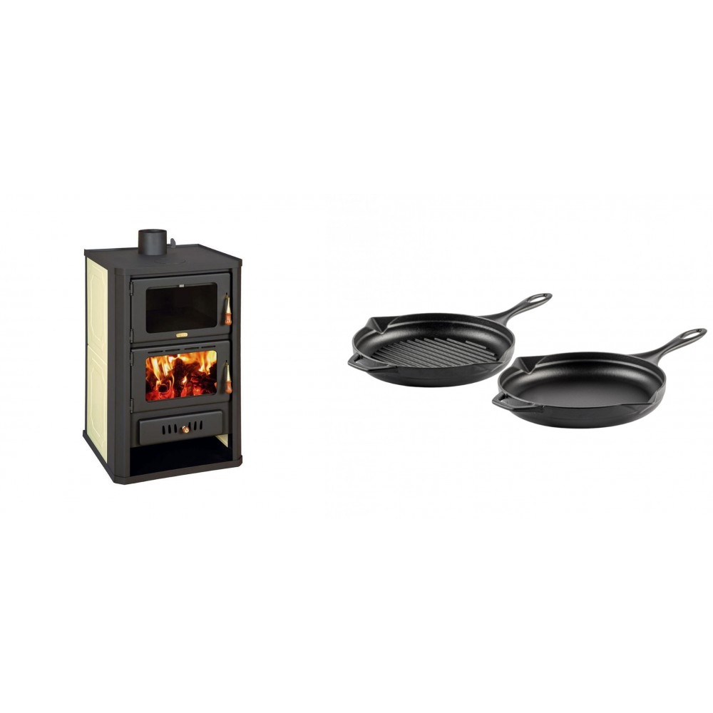 Set Kaminofen, Holzofen Wasserführend mit Backfach Prity, Modell FG W15, Leistung 19.8kW + Gusseisen Topf Set aus 2 teilen Solagio, Black Onyx