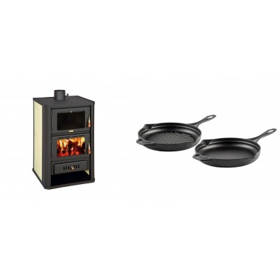 Set Kaminofen, Holzofen Wasserführend mit Backfach Prity, Modell FG W15, Leistung 19.8kW + Gusseisen Topf Set aus 2 teilen Solagio, Black Onyx - Kaminofen - Holzofen mit Backfach