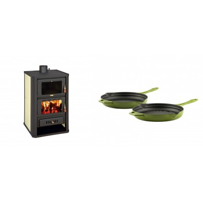 Set Kaminofen, Holzofen Wasserführend mit Backfach Prity, Modell FG W15, Leistung 19.8kW + Gusseisen Topf Set aus 2 teilen Solagio, Bamboo - Kaminofen - Holzofen mit Backfach