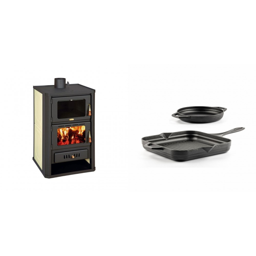 Set Kaminofen, Holzofen Wasserführend mit Backfach Prity, Modell FG W15, Leistung 19.8kW + Gusseisen Topf Set aus 2 teilen Solagio, Black Onyx