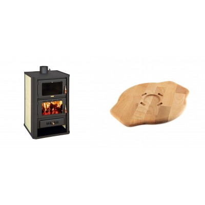 Set Kaminofen, Holzofen Wasserführend mit Backfach Prity, Modell FG W15, Leistung 19.8kW + Holz untersetzer für Gusseisenplatte Solagio HSYSAK28 - Kaminofen - Holzofen mit Backfach
