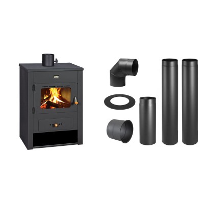 Set Kaminofen, Holzofen Prity, Modell K13, Leistung 12.1kW + Schornstein Bausatz PARKANEX, Stahl Ø130, Dicke 2mm - Prity